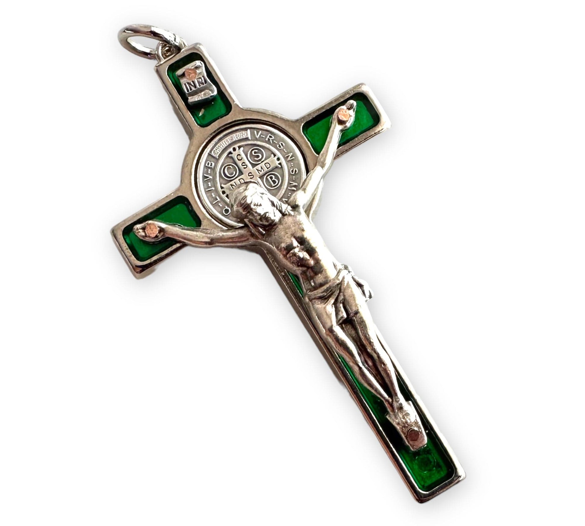 St. Benedict 2" 1/4 Green Crucifix - Exorcism - Cross - Blessed - San Benito | Catholically