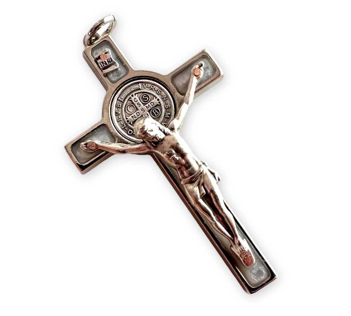 St. Benedict 2" 1/4 Pearl Crucifix - Exorcism - Cross - Blessed - San Benito | Catholically