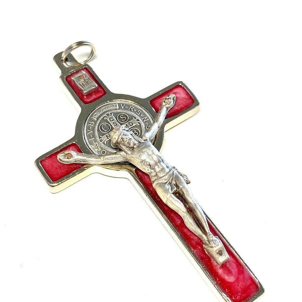 St. Benedict 3" Red-Pink Crucifix - Exorcism - High Quality Cross Blessed | Catholically