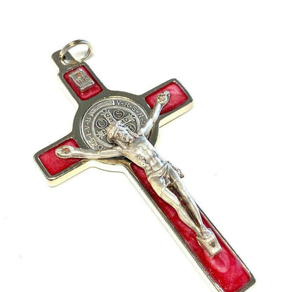 St. Benedict 3" Red-Pink Crucifix - Exorcism - High Quality Cross Blessed | Catholically