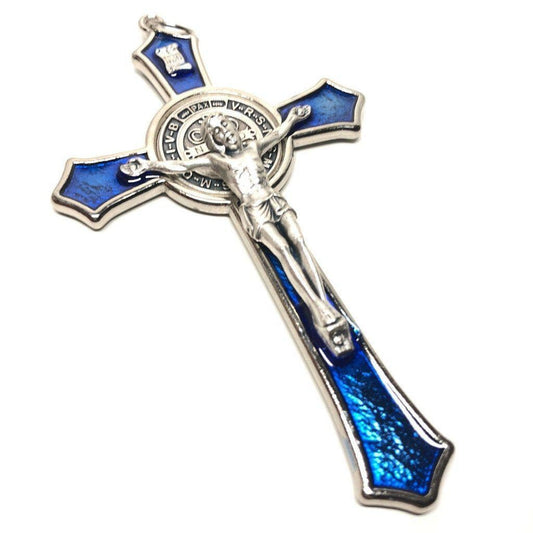 St. Benedict 4" 1/4 Blue Crucifix Exorcism Cross Blessed By Pope - San Benito | Catholically