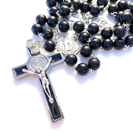 St. Benedict Black Wooden Rosary - Blessed By Pope - San Benito | Catholically