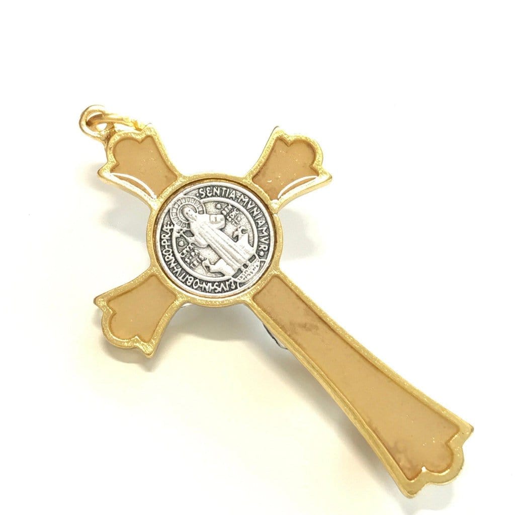 St. Benedict Golden 2" Crucifix - Exorcism Cross - Blessed By Pope -San Benito | Catholically