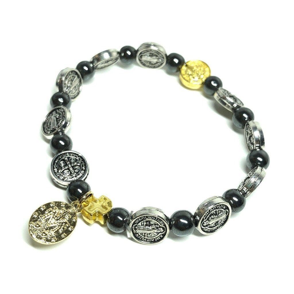 St. Benedict Hematite Bracelet - Elastic Band - Celtic Cross -Blessed By Pope | Catholically
