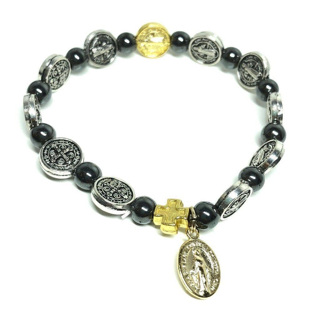 St. Benedict Hematite Bracelet - Elastic Band - Celtic Cross -Blessed By Pope | Catholically