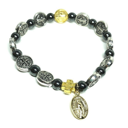 St. Benedict Hematite Bracelet - Elastic Band - Celtic Cross -Blessed By Pope | Catholically