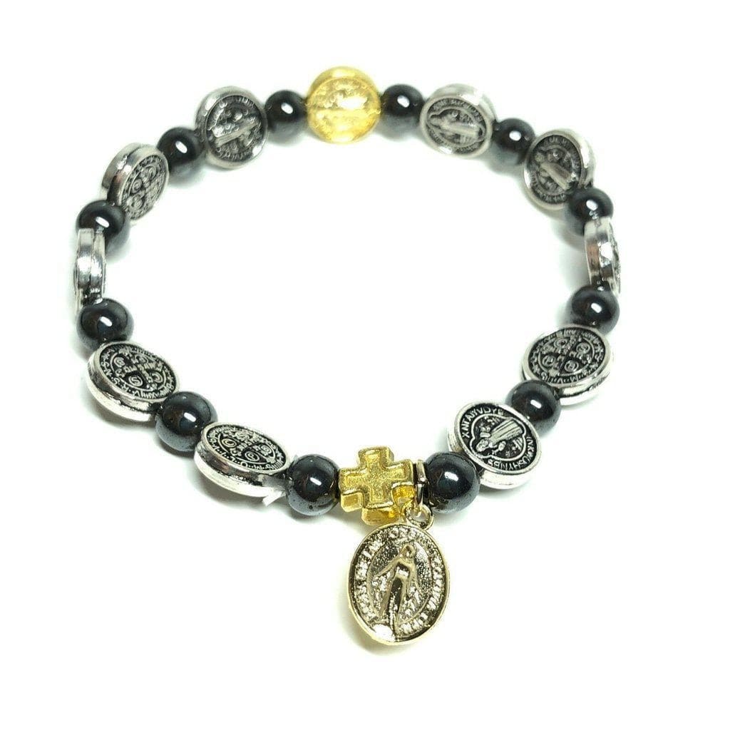 St. Benedict Hematite Bracelet - Elastic Band - Celtic Cross -Blessed By Pope | Catholically
