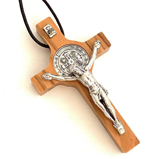 St. Benedict High Quality 3" Olive Wood Crucifix - Exorcism - Pectoral Cross | Catholically