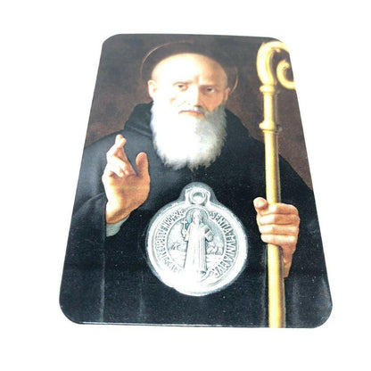 St. Benedict Holy Card With Embedded Medal - Exorcism - San Benito | Catholically