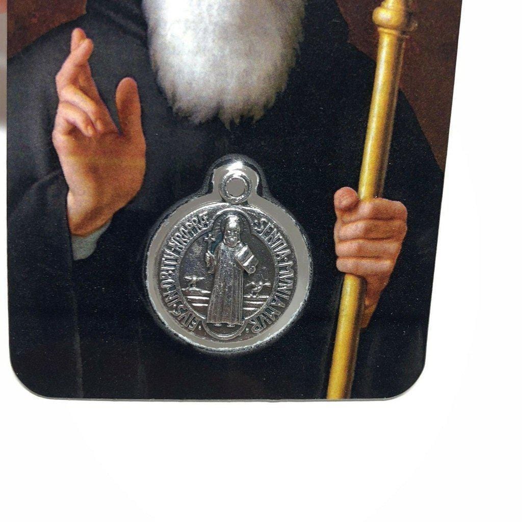 St. Benedict Holy Card With Embedded Medal - Exorcism - San Benito | Catholically