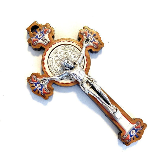 St. Benedict Painted 3" Olive Wood Crucifix - Exorcism - Pectoral Cross | Catholically
