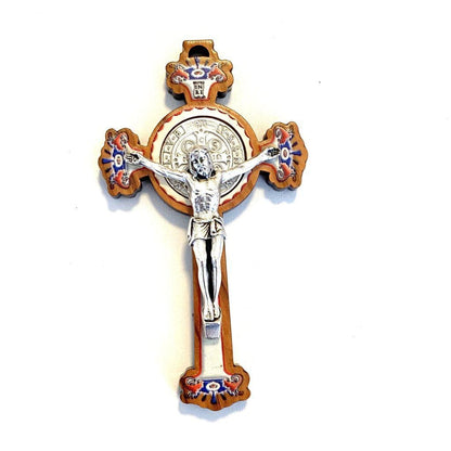 St. Benedict Painted 3" Olive Wood Crucifix - Exorcism - Pectoral Cross | Catholically