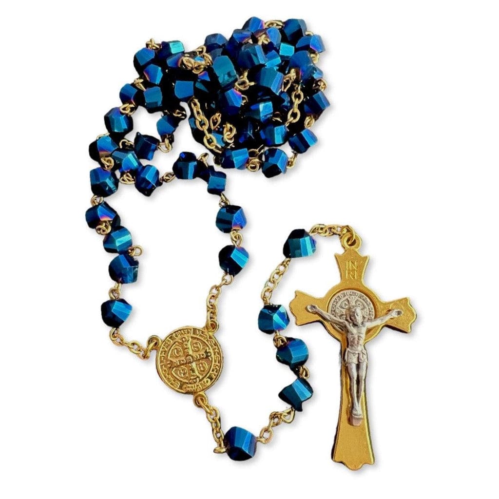 St. Benedict - San Benito - Blue AOB Crystal Rosary Blessed By Pope | Catholically
