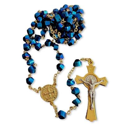 St. Benedict - San Benito - Blue AOB Crystal Rosary Blessed By Pope | Catholically