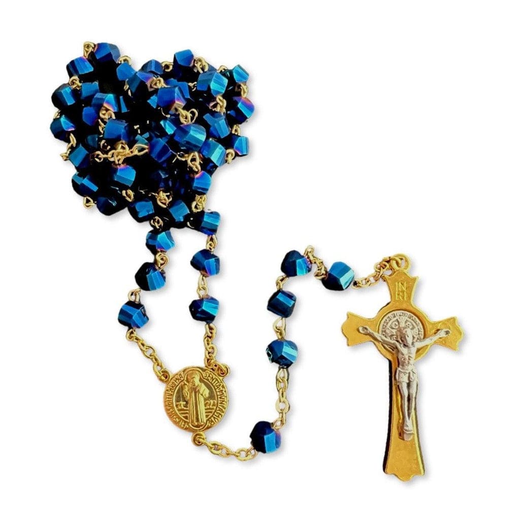 St. Benedict - San Benito - Blue AOB Crystal Rosary Blessed By Pope | Catholically