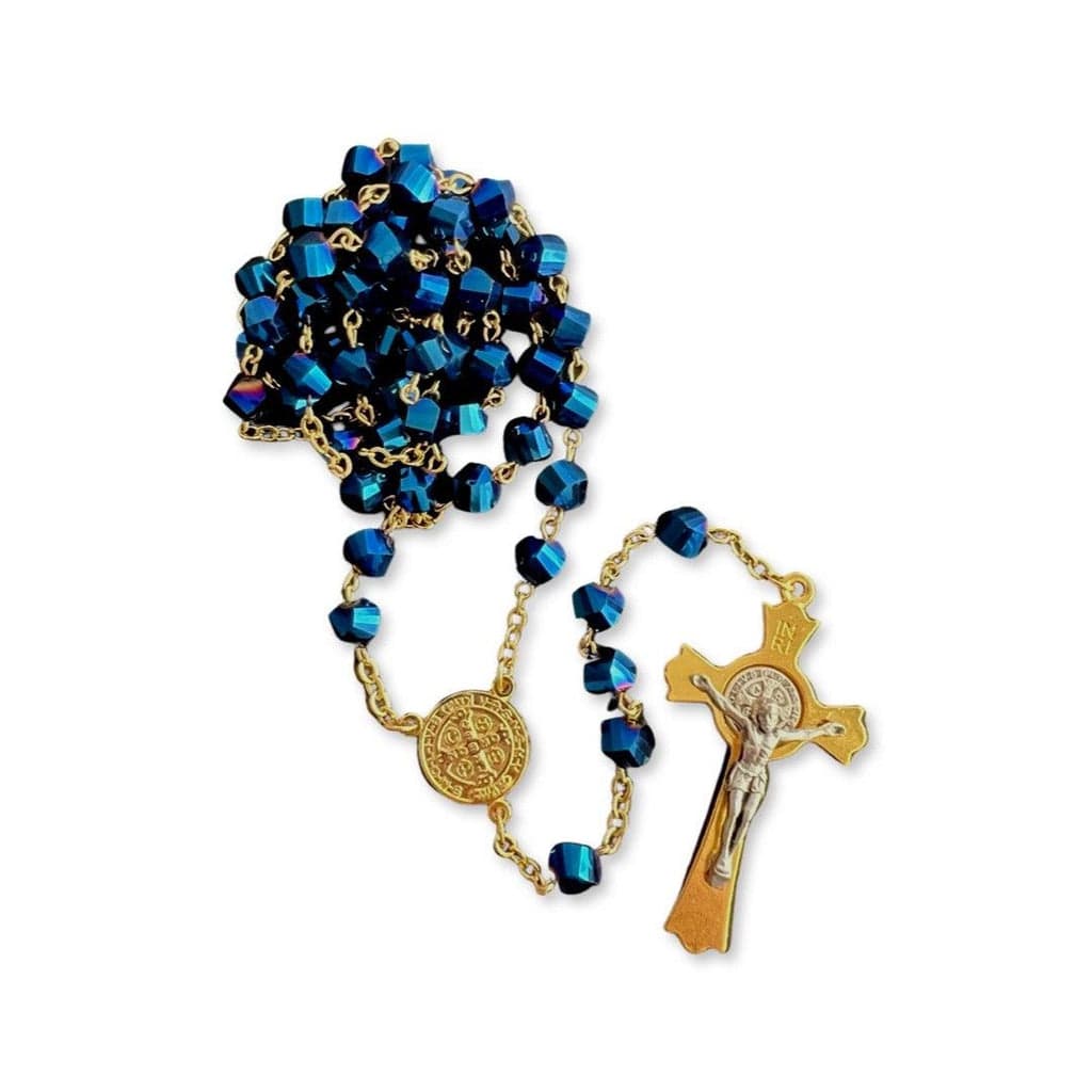 St. Benedict - San Benito - Blue AOB Crystal Rosary Blessed By Pope | Catholically