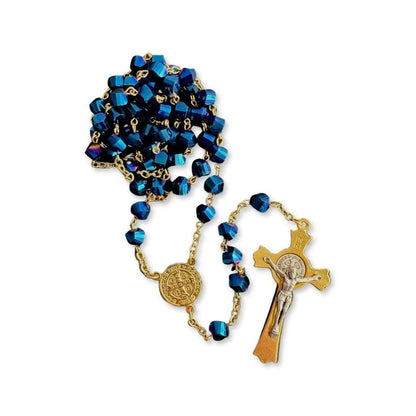 St. Benedict - San Benito - Blue AOB Crystal Rosary Blessed By Pope | Catholically