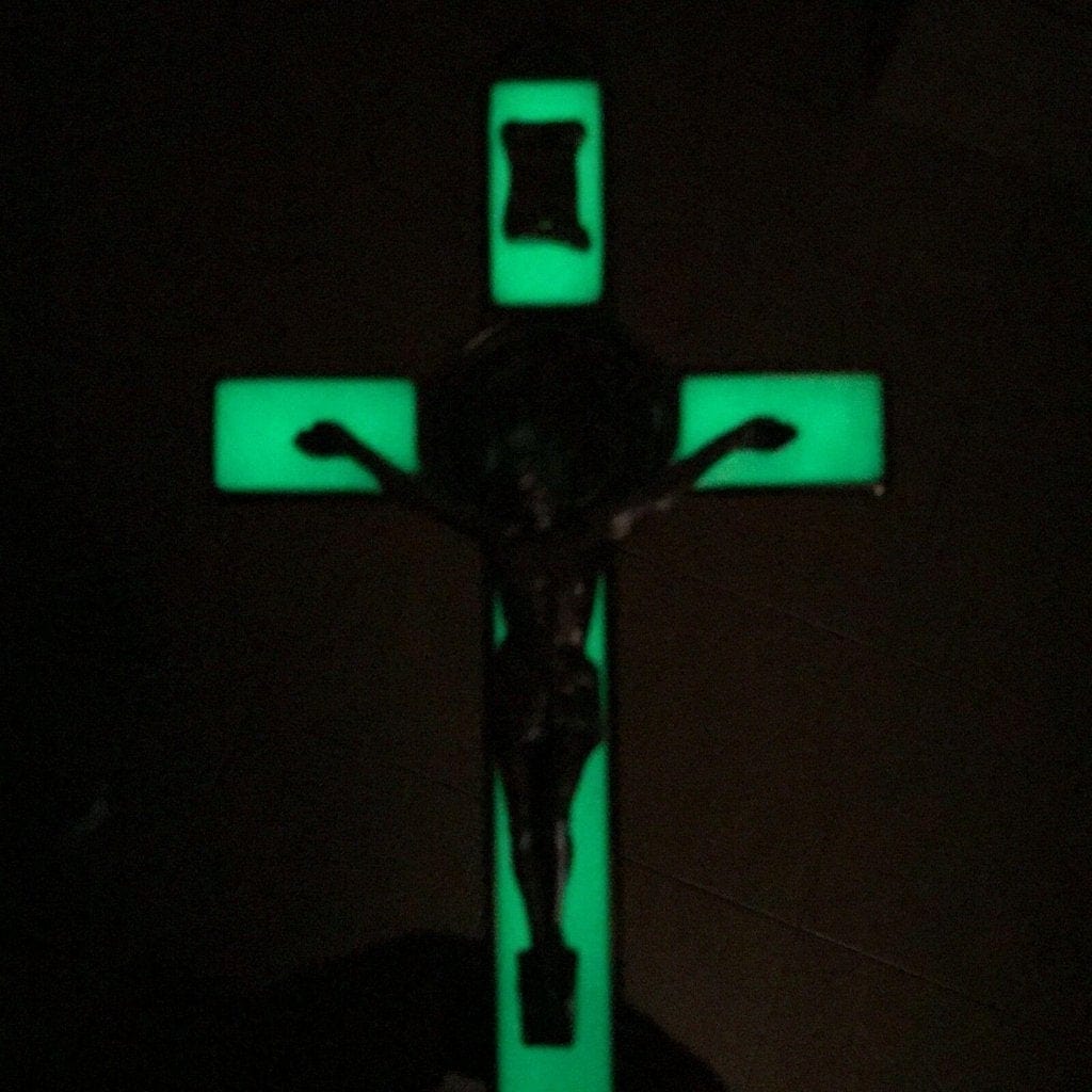 St. Benedict Wall Crucifix - Exorcism Cross - Blessed - 7.5" White Fluorescent | Catholically