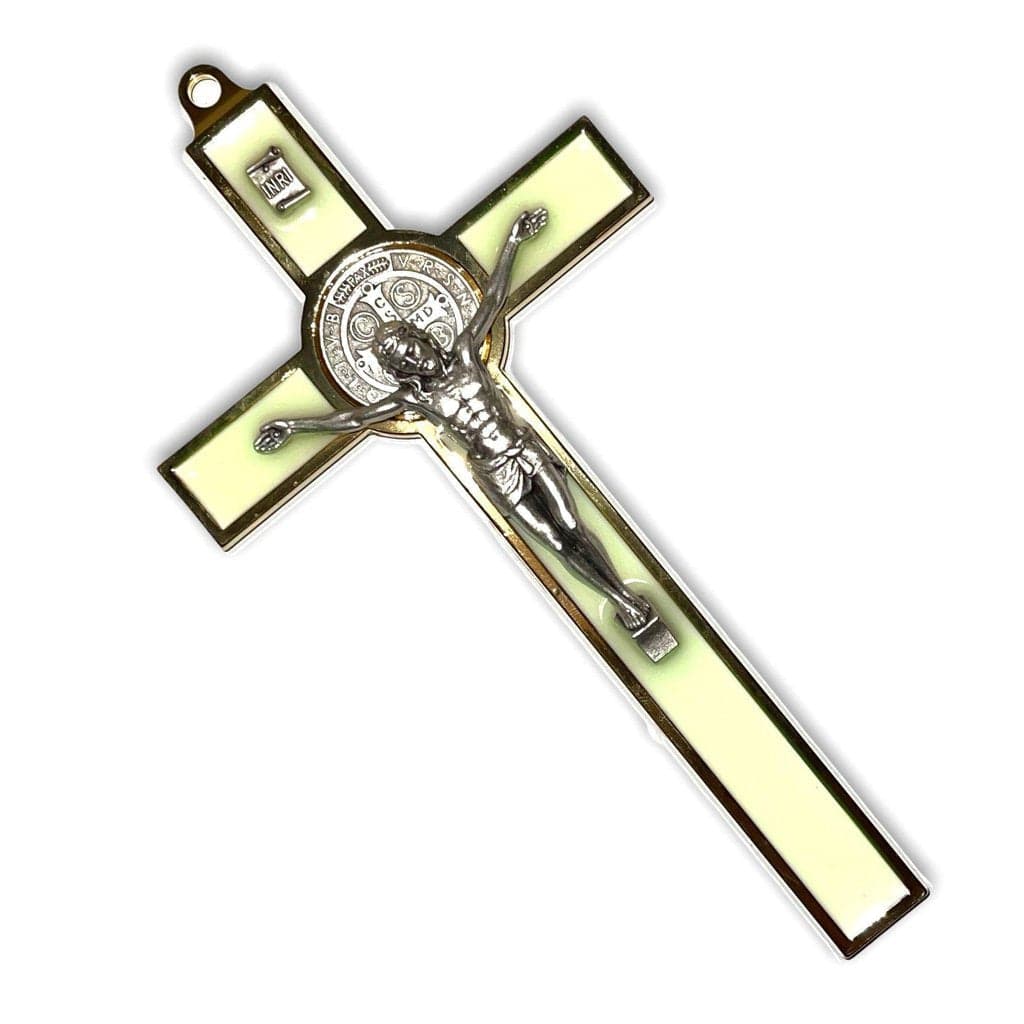 St. Benedict Wall Crucifix - Exorcism Cross - Blessed 7.5" White Fluorescent | Catholically