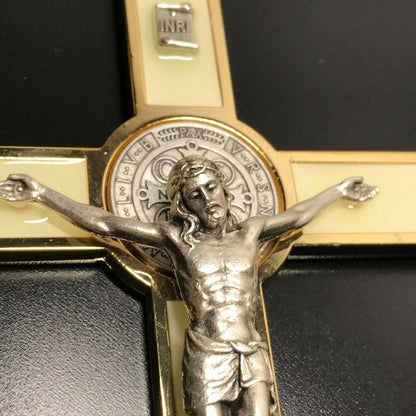 St. Benedict Wall Crucifix - Exorcism Cross - Blessed 7.5" White Fluorescent | Catholically