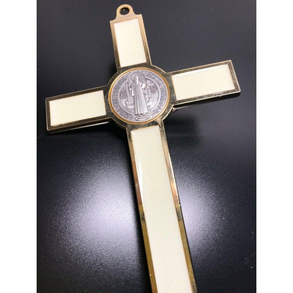 St. Benedict Wall Crucifix - Exorcism Cross - Blessed 7.5" White Fluorescent | Catholically