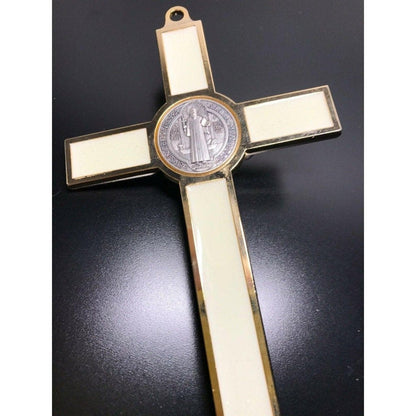 St. Benedict Wall Crucifix - Exorcism Cross - Blessed 7.5" White Fluorescent | Catholically