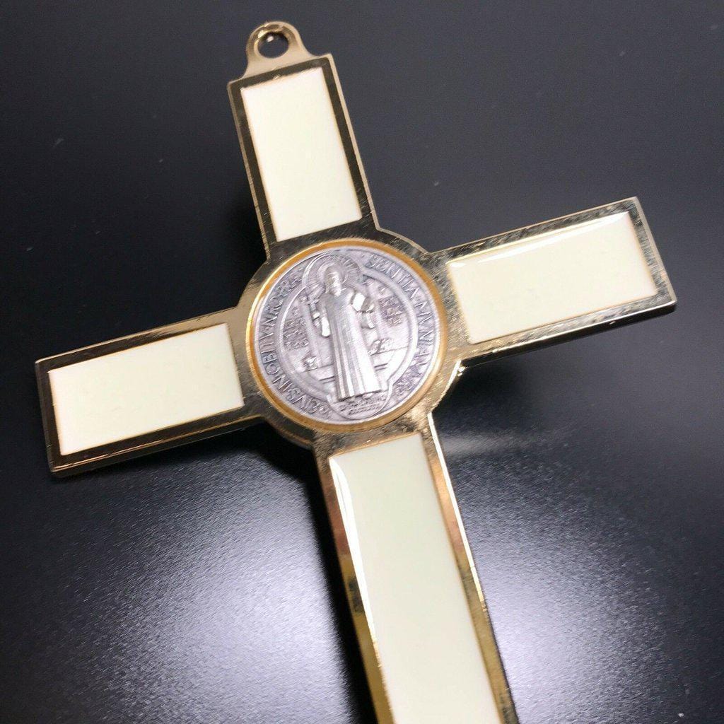 St. Benedict Wall Crucifix - Exorcism Cross - Blessed 7.5" White Fluorescent | Catholically