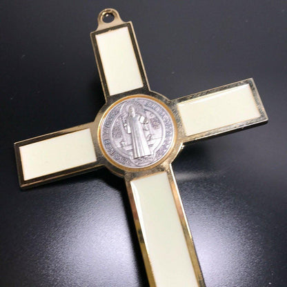 St. Benedict Wall Crucifix - Exorcism Cross - Blessed 7.5" White Fluorescent | Catholically