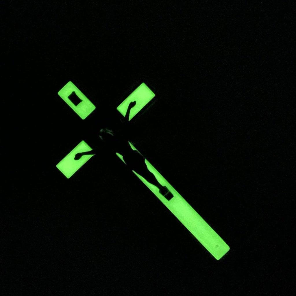 St. Benedict Wall Crucifix - Exorcism Cross - Blessed 7.5" White Fluorescent | Catholically
