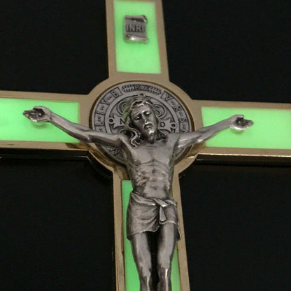 St. Benedict Wall Crucifix - Exorcism Cross - Blessed 7.5" White Fluorescent | Catholically