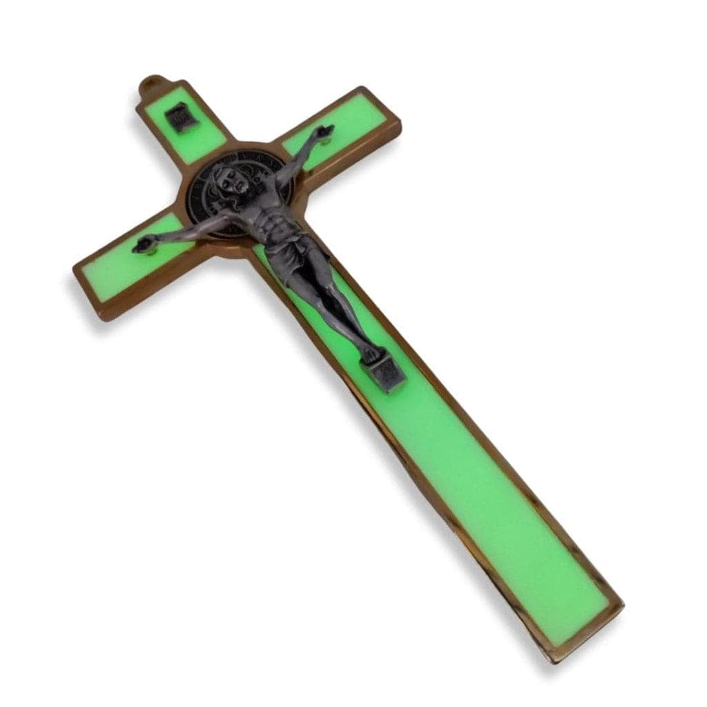 St. Benedict Wall Crucifix - Exorcism Cross - Blessed 7.5" White Fluorescent | Catholically