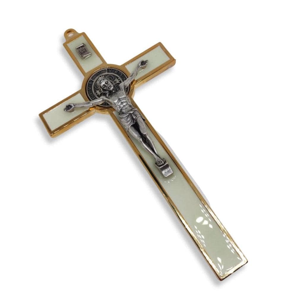 St. Benedict Wall Crucifix - Exorcism Cross - Blessed 7.5" White Fluorescent | Catholically
