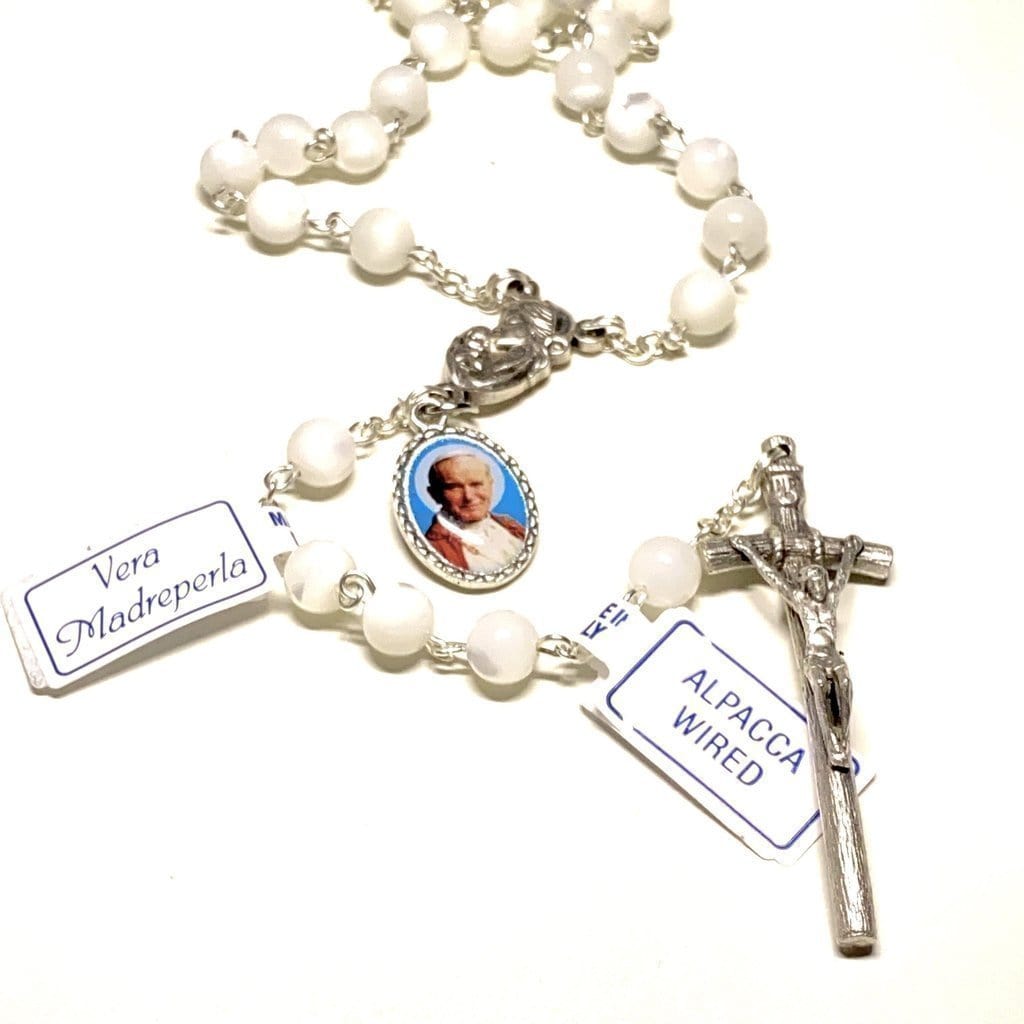 St. John Paul II - Mother Of Pearl Rosary -Relic Ex-Indumentis Medal -Blessed | Catholically