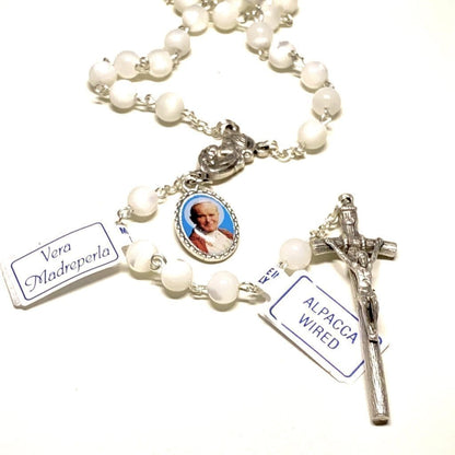 St. John Paul II - Mother Of Pearl Rosary -Relic Ex-Indumentis Medal -Blessed | Catholically