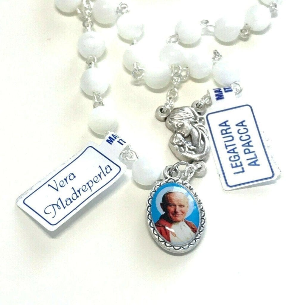 St. John Paul II - Mother Of Pearl Rosary -Relic Ex-Indumentis Medal -Blessed | Catholically