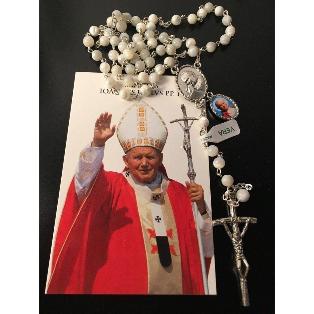St. John Paul II - Mother Of Pearl Rosary -Relic Medal -Blessed | Catholically