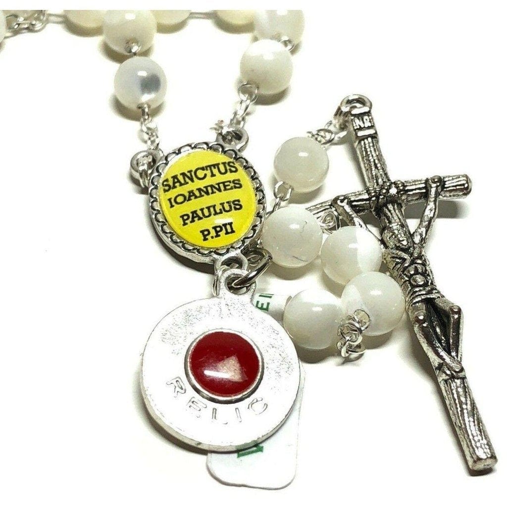 St. John Paul II - Mother of Pearl Rosary - Relic Medal - Blessed | Catholically