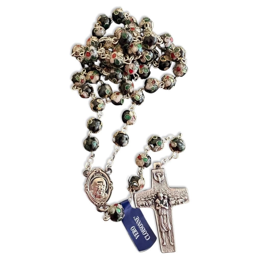 Blessed Black Cloisonné Rosary – Touched to Padre Pio’s Shrine, with Relic | Catholically
