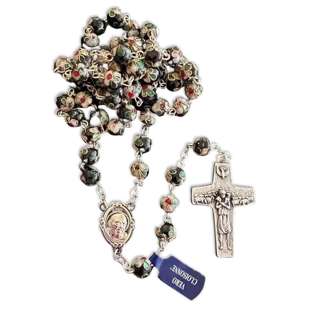 Blessed Black Cloisonné Rosary – Touched to Padre Pio’s Shrine, with Relic | Catholically