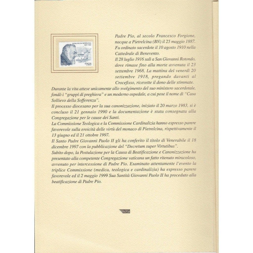 St. Padre  Pio-Blessed Stamps Mnh Folder-Beatification-Father Pio Relic Shrine | Catholically