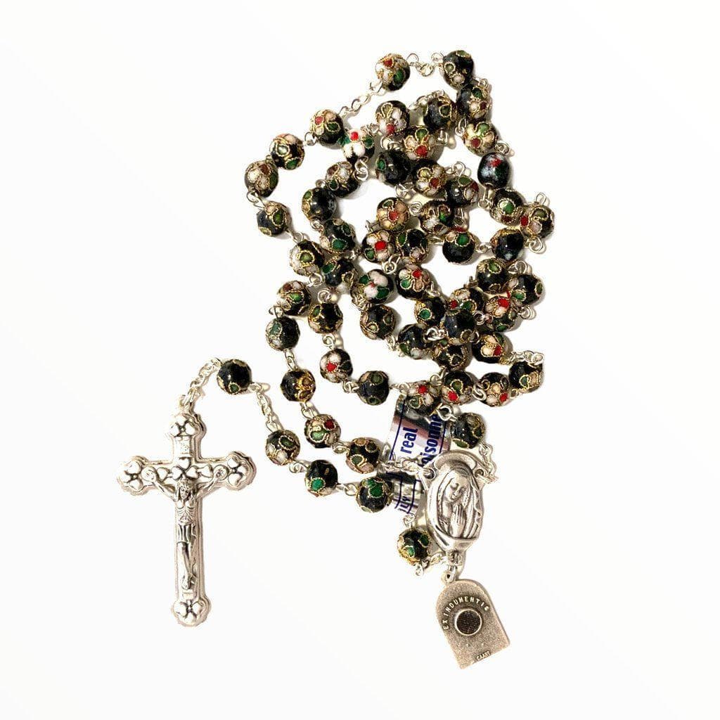 St. Padre Pio Relic Black Cloisonne Rosary  - Blessed by Pope | Catholically