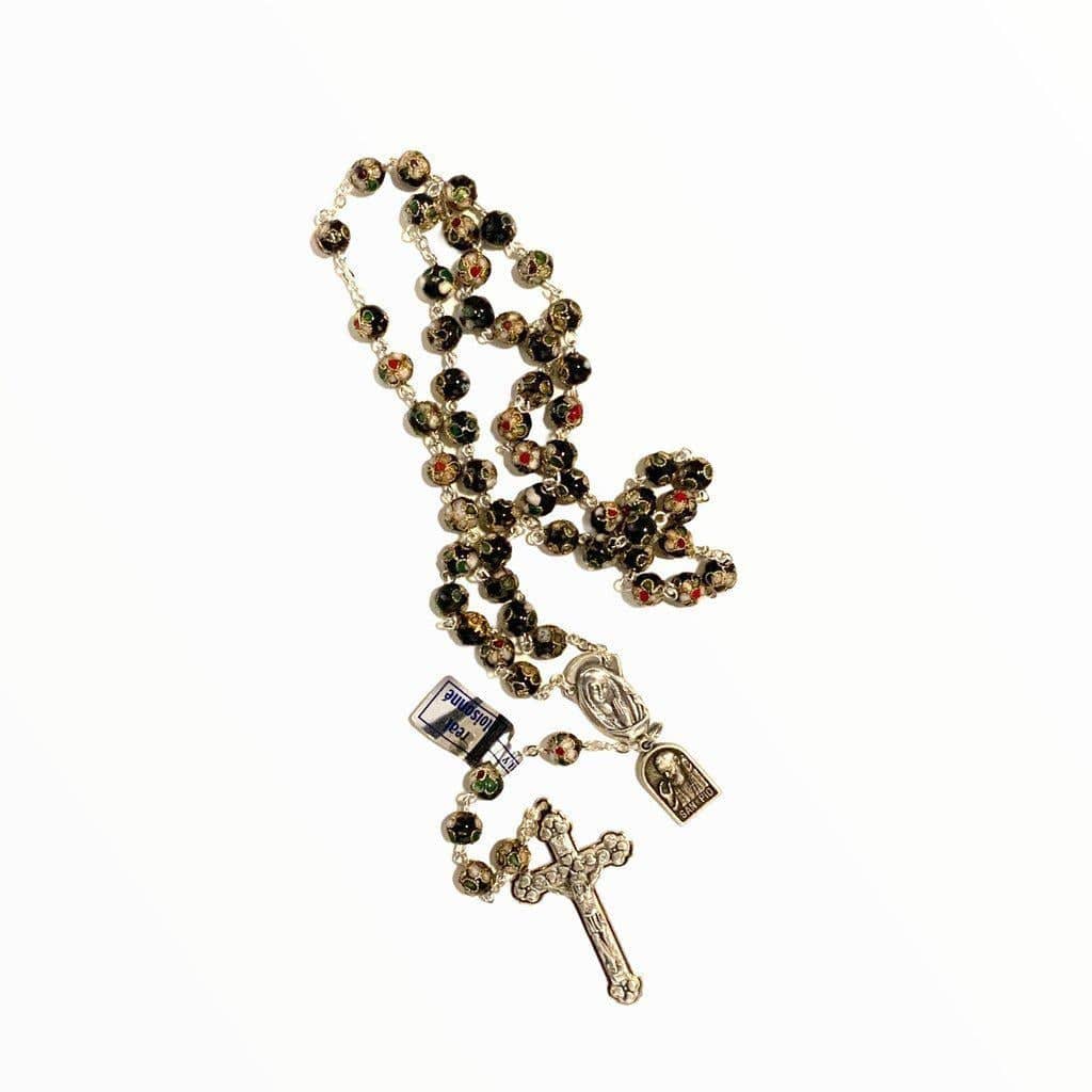 St. Padre Pio Relic Black Cloisonne Rosary  - Blessed by Pope | Catholically