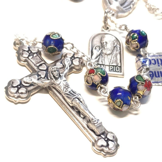 St. Padre Pio Relic Blue Cloisonne Rosary  - Blessed by Pope | Catholically