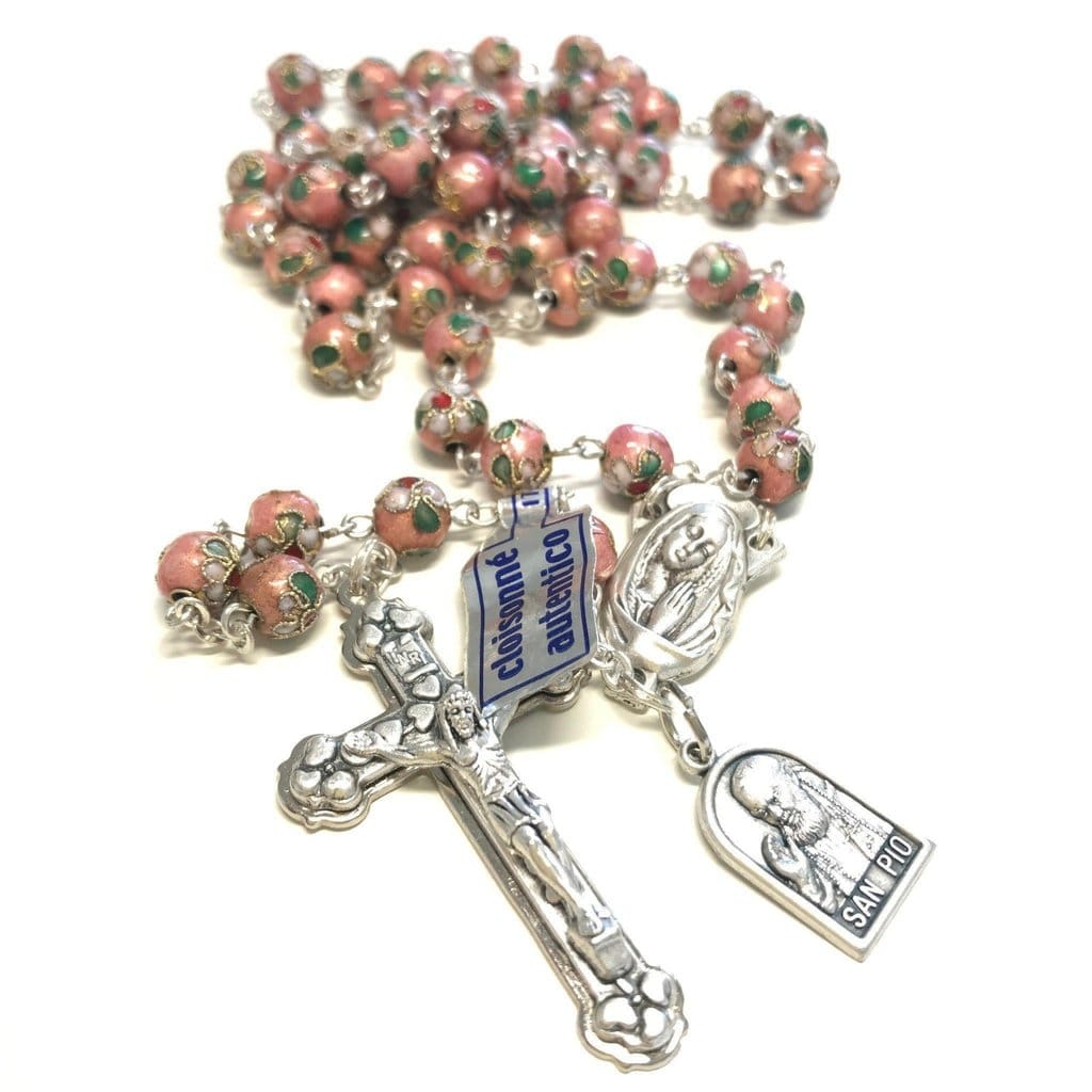 St. Padre Pio Relic Pink Cloisonne Rosary  - Blessed by Pope | Catholically