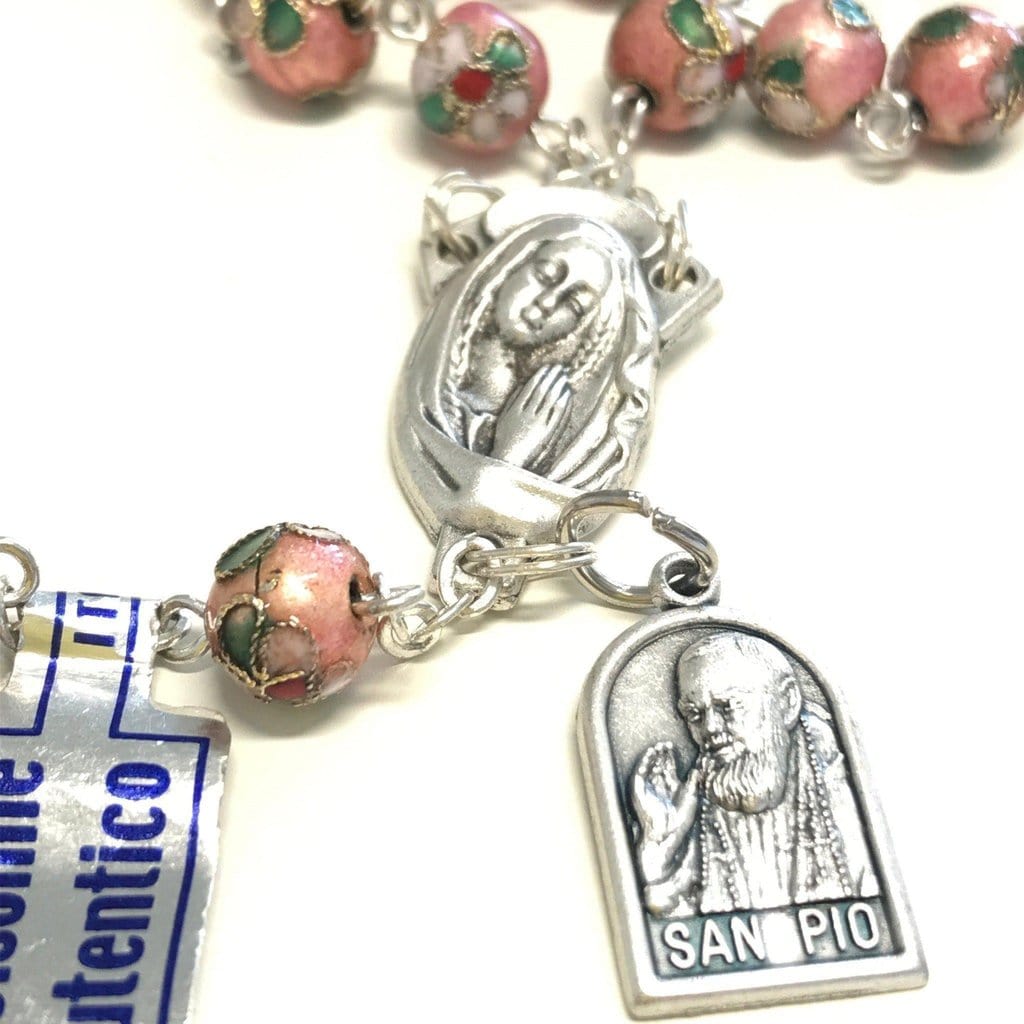 St. Padre Pio Relic Pink Cloisonne Rosary  - Blessed by Pope | Catholically