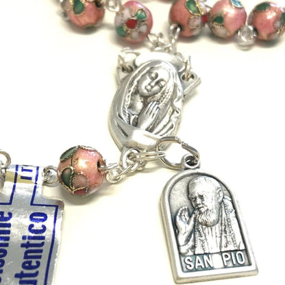 St. Padre Pio Relic Pink Cloisonne Rosary  - Blessed by Pope | Catholically