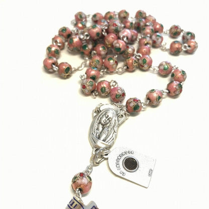 St. Padre Pio Relic Pink Cloisonne Rosary  - Blessed by Pope | Catholically