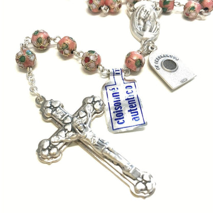 St. Padre Pio Relic Pink Cloisonne Rosary  - Blessed by Pope | Catholically