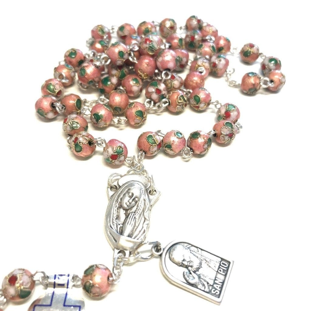 St. Padre Pio Relic Pink Cloisonne Rosary  - Blessed by Pope | Catholically