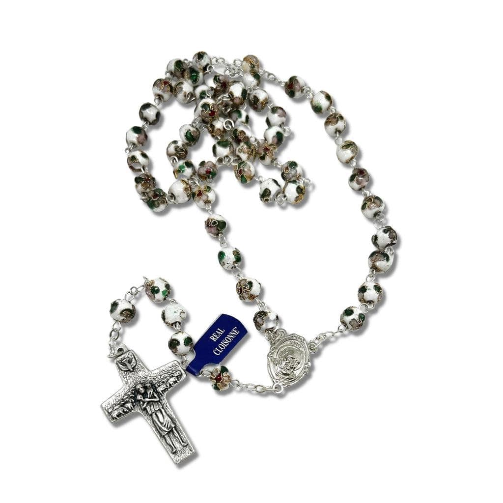St. Padre Pio White Rosary Blessed By Pope with Relic | Catholically